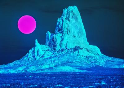 Mitchell Funk Surreal Desert Landscape with Blue Mountain and Magenta Moon Monument Valley