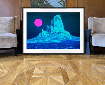 Mitchell Funk Surreal Desert Landscape with Blue Mountain and Magenta Moon Monument Valley
