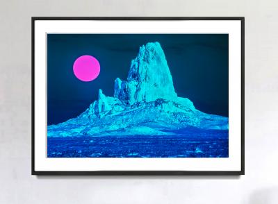 Mitchell Funk Surreal Desert Landscape with Blue Mountain and Magenta Moon Monument Valley