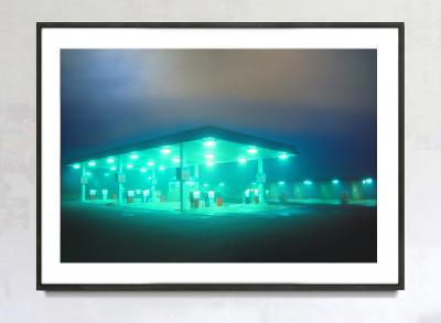 Mitchell Funk Surreal Gas Station on a Foggy Night with Green Lights Close Encounters