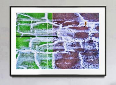 Mitchell Funk Tennis Court in Snow with Footprints Green and Wine Color Abstraction