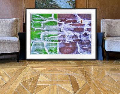 Mitchell Funk Tennis Court in Snow with Footprints Green and Wine Color Abstraction