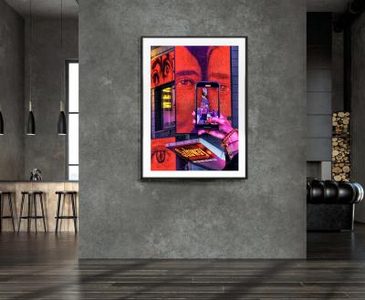 Mitchell Funk Times Square Cell Phone in Neon Reds Street Photography