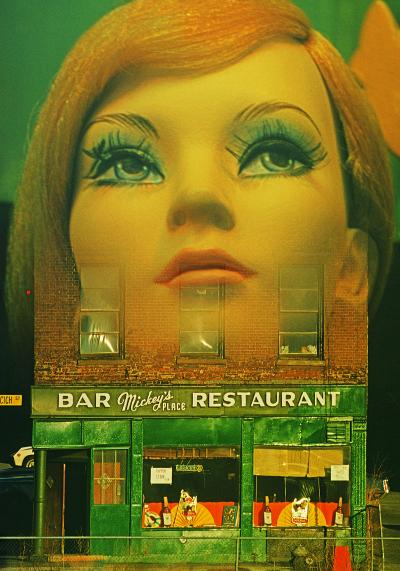 Mitchell Funk Two Facades Old New York Bar with Surreal Mid Century Mannequin Face 