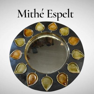 Mithe Espelt 1970s Studio pottery ceramic sunburst mirror by Mith Espelt