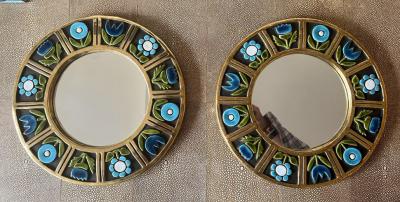Mithe Espelt A Pair of Mithe Espelt Blue Flower Mirrors circa 1960