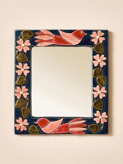 Mithe Espelt Mith Espelt Bird and Blossom Mirror in Glazed Ceramic
