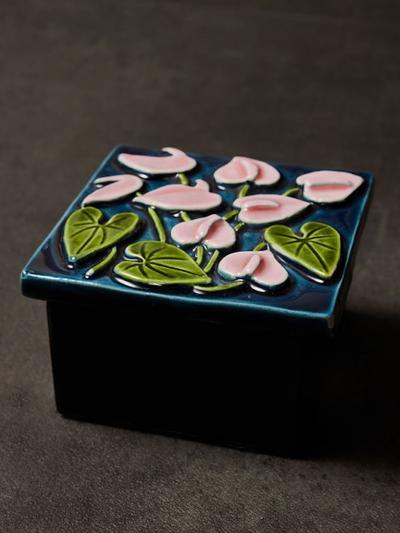 Mithe Espelt Mith Espelt Glazed Ceramic and Wood Box with Stylized Floral Motif