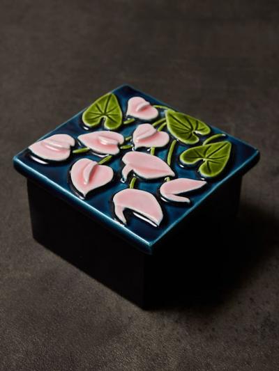 Mithe Espelt Mith Espelt Glazed Ceramic and Wood Box with Stylized Floral Motif