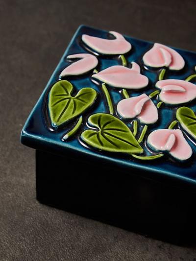 Mithe Espelt Mith Espelt Glazed Ceramic and Wood Box with Stylized Floral Motif