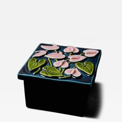 Mithe Espelt Mith Espelt Glazed Ceramic and Wood Box with Stylized Floral Motif
