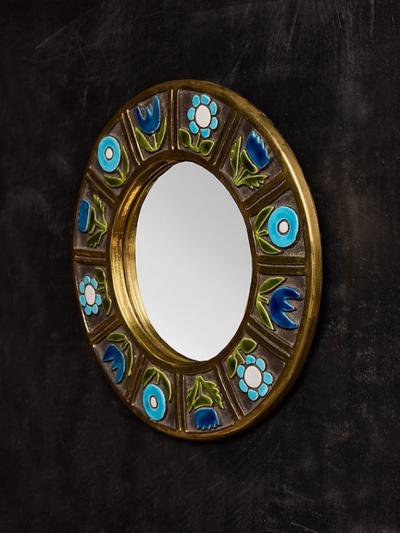 Mithe Espelt Round Mithe Espelt Ceramic Mirror with Blue Flower Decors