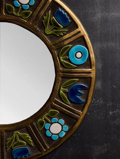 Mithe Espelt Round Mithe Espelt Ceramic Mirror with Blue Flower Decors