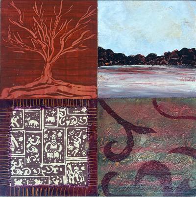 Mixed Media on Wood Block Paintings by Artist Cat Tesla Set of 4