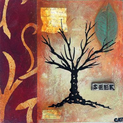 Mixed Media on Wood Block Paintings by Artist Cat Tesla Set of 4