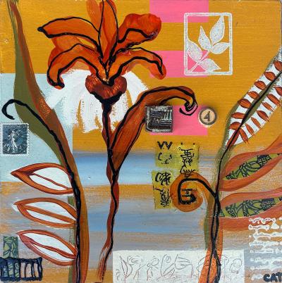 Mixed Media on Wood Block Paintings by Artist Cat Tesla Set of 4