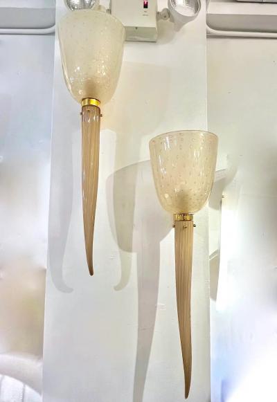 Modern Art Deco Style Beige Gold Frosted White Murano Glass Round Wall Lights