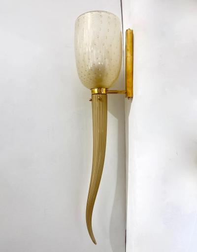 Modern Art Deco Style Beige Gold Frosted White Murano Glass Round Wall Lights