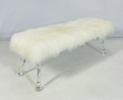 Modern Bench With Lucite Hooved Legs Mongolian Fur Upholstery
