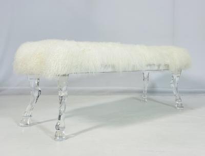 Modern Bench With Lucite Hooved Legs Mongolian Fur Upholstery