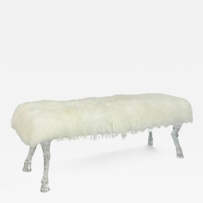 Modern Bench With Lucite Hooved Legs Mongolian Fur Upholstery