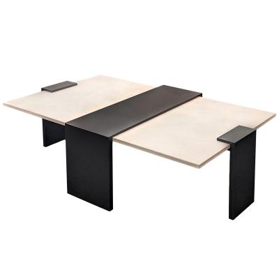 Modern Black Steel and Limestone Offset Cocktail Table