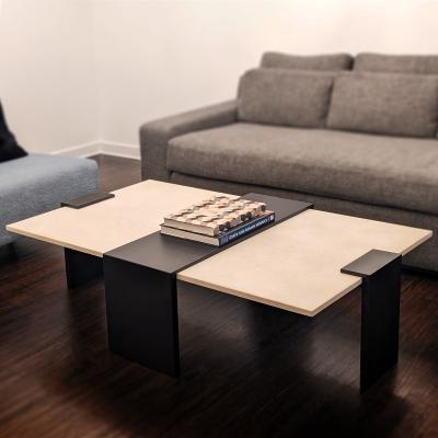 Modern Black Steel and Limestone Offset Cocktail Table