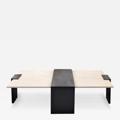 Modern Black Steel and Limestone Offset Cocktail Table