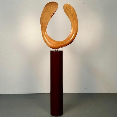 Modern Boomerang Wooden Sculpture on Steel Pedestal by David Hymes Contemporary