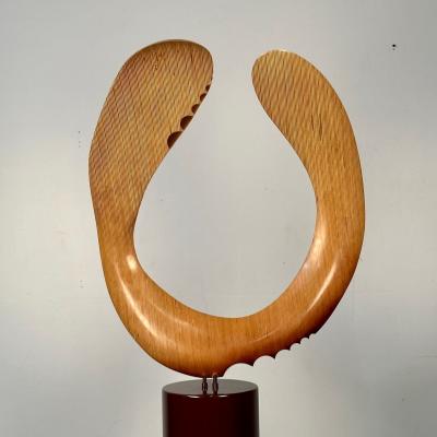 Modern Boomerang Wooden Sculpture on Steel Pedestal by David Hymes Contemporary