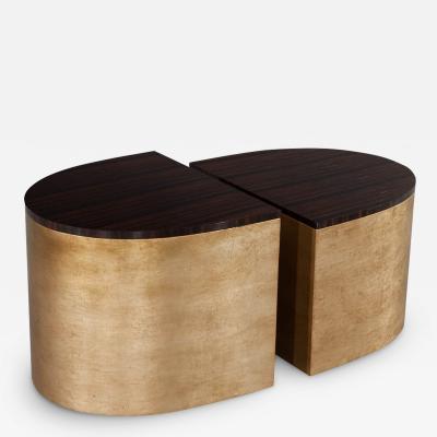 Modern Curved Macassar Cocktail Accent Tables in Antiqued Silver Leaf