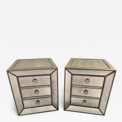 Modern Directoire Style Mirrored Studded 3 Drawer Nightstand a Pair