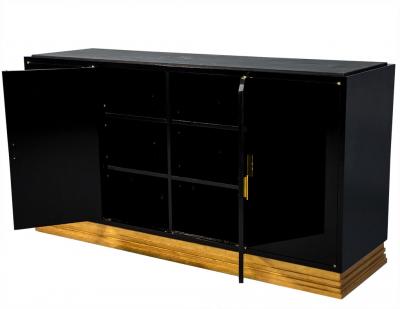 Modern Gold Leaf and Black Lacquer Buffet Console Cabinet with Stone Top