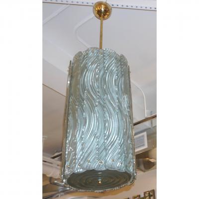 Modern Italian Aquamarine Crystal Murano Glass Tall Brass Lantern Chandelier