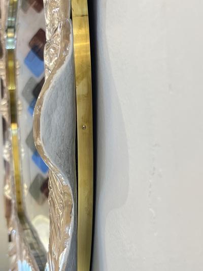 Modern Italian Art Deco Style Curved Ivory Cream Murano Glass Brass Oval Mirror