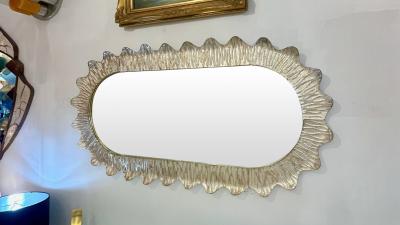 Modern Italian Art Deco Style Curved Ivory Cream Murano Glass Brass Oval Mirror