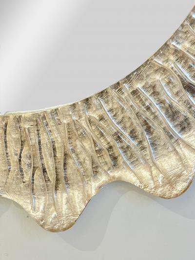 Modern Italian Art Deco Style Curved Ivory Cream Murano Glass Brass Oval Mirror