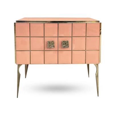 Modern Italian Custom Art Deco Royal Pink Glass Brass Edge Cabinet Bar