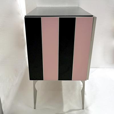 Modern Italian Custom Art Deco Style Pink Black Stripe Glass Brass Cabinet Bar