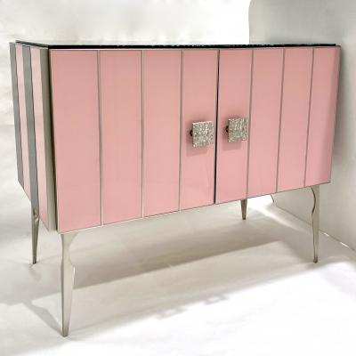 Modern Italian Custom Art Deco Style Pink Black Stripe Glass Brass Cabinet Bar