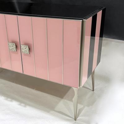 Modern Italian Custom Art Deco Style Pink Black Stripe Glass Brass Cabinet Bar