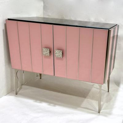 Modern Italian Custom Art Deco Style Pink Black Stripe Glass Brass Cabinet Bar