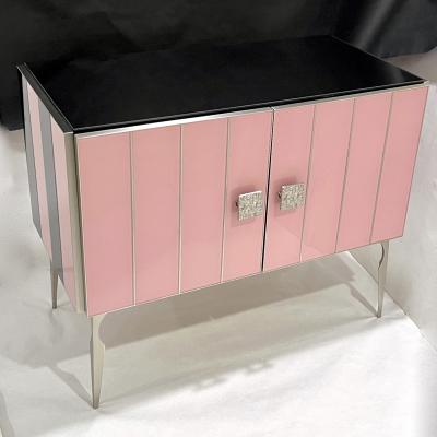Modern Italian Custom Art Deco Style Pink Black Stripe Glass Brass Cabinet Bar