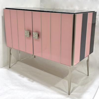 Modern Italian Custom Art Deco Style Pink Black Stripe Glass Brass Cabinet Bar