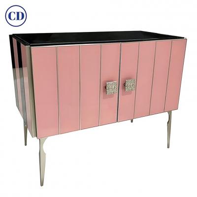 Modern Italian Custom Art Deco Style Pink Black Stripe Glass Brass Cabinet Bar