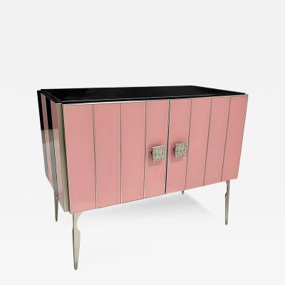 Modern Italian Custom Art Deco Style Pink Black Stripe Glass Brass Cabinet Bar