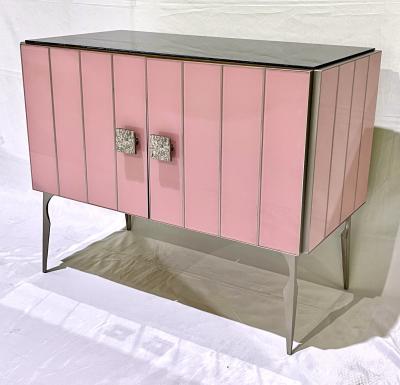 Modern Italian Custom Art Deco Style Rose Pink Black Glass Brass Cabinet Bar