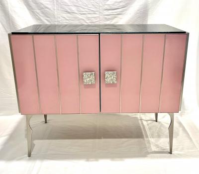 Modern Italian Custom Art Deco Style Rose Pink Black Glass Brass Cabinet Bar