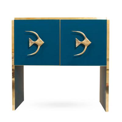 Modern Italian Custom Brass Edged Fish Marine Teal Blue Cabinet