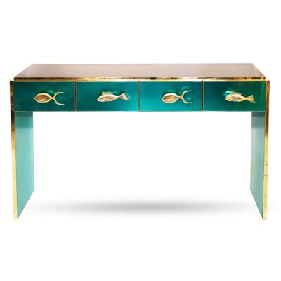 Modern Italian Custom Brass Edged Fish Marine Teal Blue Cabinet